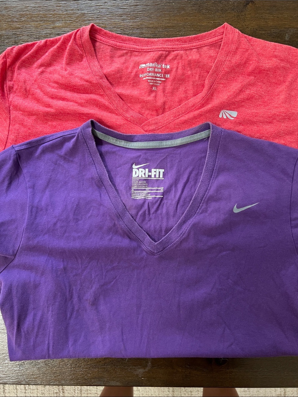2 Shirts-Nike Dri-FIT Purple and Marika Red Sleeve V-Neck Tees